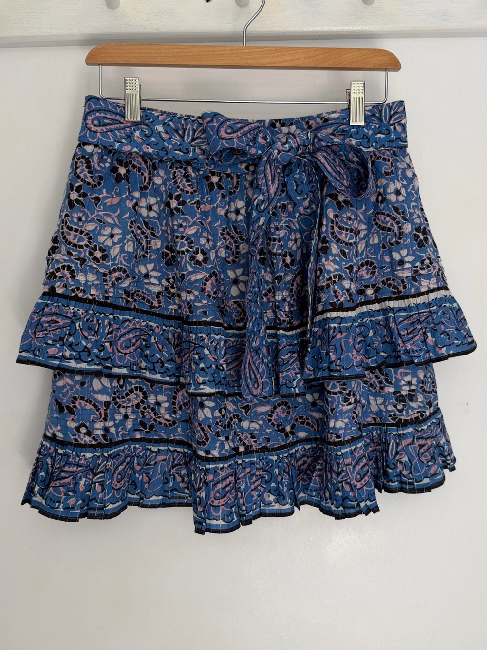 Cleobella "Sadie" Organic Cotton Blue Paisley Tie Waist Ruffle Tiered Mini Skirt